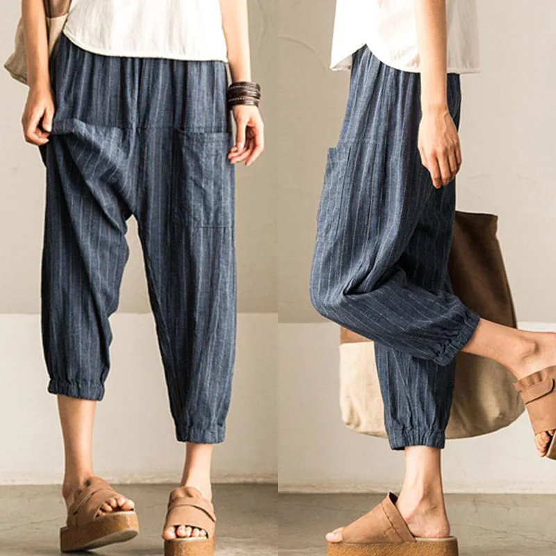 

2019 Women Casual Vintage High Elastic Waist Pockets Striped Baggy Harem Pants Turnip Trousers Work OL Wide Leg Pantalon