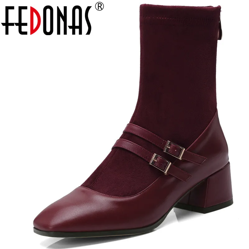 

FEDONAS Fashion Women Office&Career Ankle Socks Boots Genuine Leather Autumn Winter Shoes Sexy Pointed Toe Buckles Shoes Woman