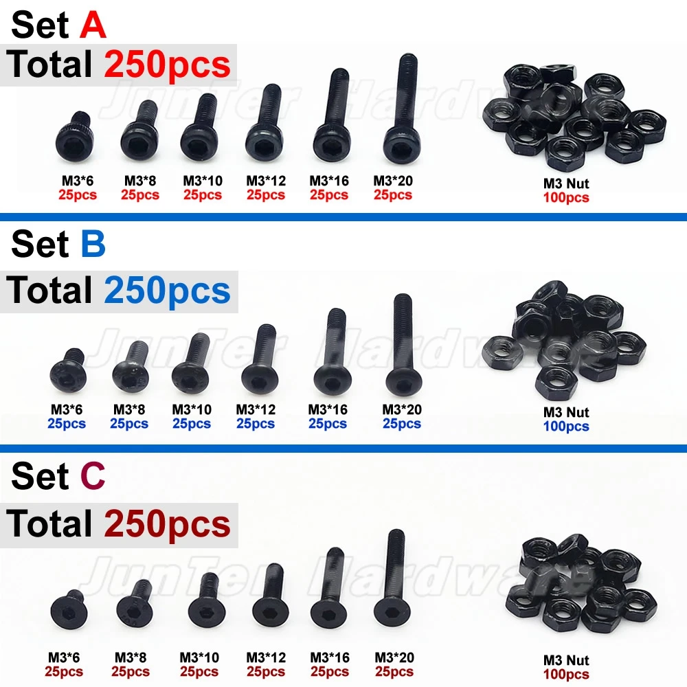 

250pcs M3(3mm) Alloy Steel High Tensile Allen Bolts Hex Button Flat Socket Head Cap Screws With Nuts Assortment