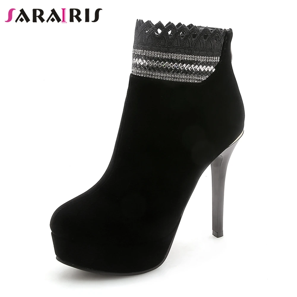 

SARAIRIS New Zip Thin High Heels 12cm Crystal Platform Shoes For Woman Fashion Black women's Winter Ankle Boots Large Size 32-42