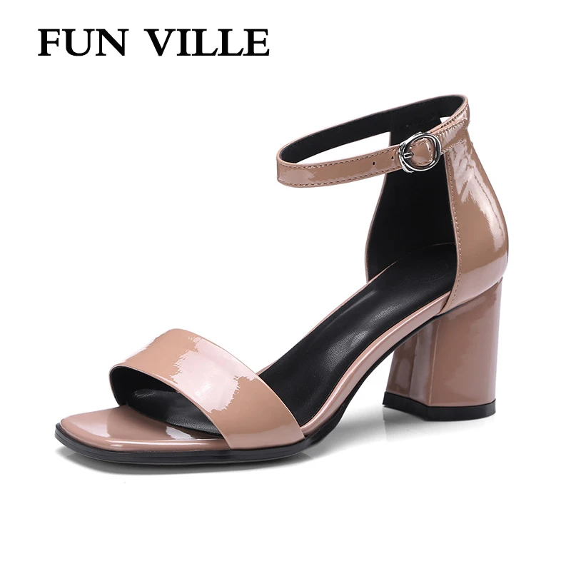 

FUN VILLE New Fashion Genuine leather Women Sandals Summer Shoes Women Open Toe High Heels Party Dress Sandals cover heels shoes