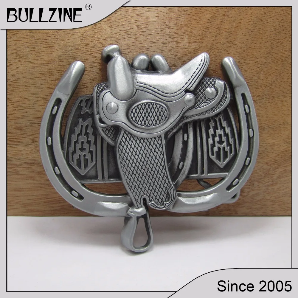 

The Bullzine horse saddle belt buckle with pewter finish FP-02230 suitable for 4cm width snap on belt