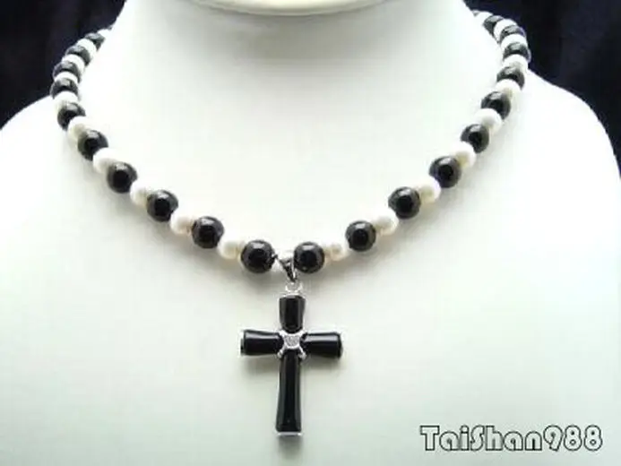 

Hot sale Free Shipping>>>>>Genuine White Pearl Black Agate 18KWGP Crystal Cross Pendant Necklace