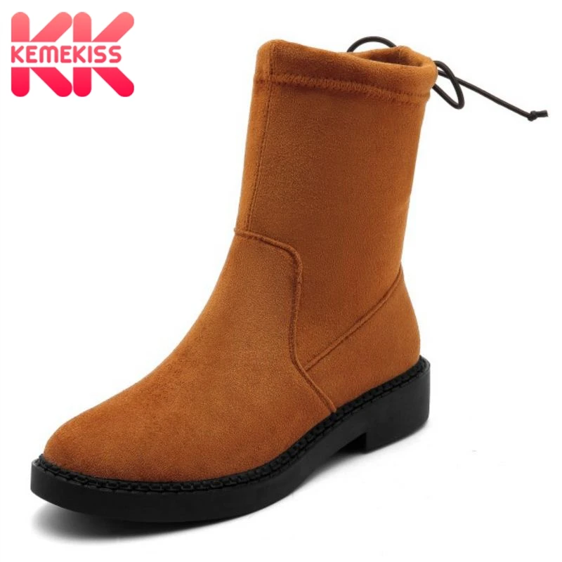 

KemeKiss Women Flats Boots Genuine Leather Lace Up Round Toe Mid Calf Woman Boots Ornate Mature Woman Shoes Footwear Size 34-39