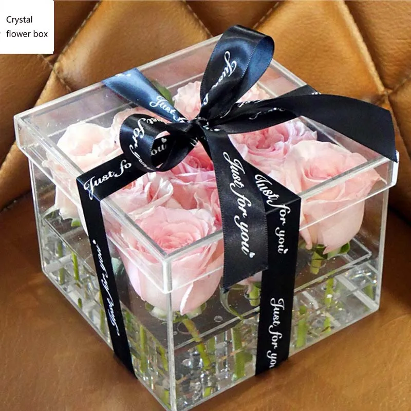 

Transparent Acrylic Material Makeup Organizer Box Cosmetic Case Rose Flower Box With Lid Makeup Organizer Storage Box for flower