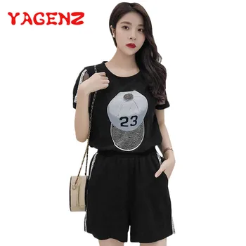 

YAGENZ 2 Piece Set Women Diamond Hat And Stripes Tops and Shorts Pants Plus size Two Piece Casual Tracksuit Matching Sets 351