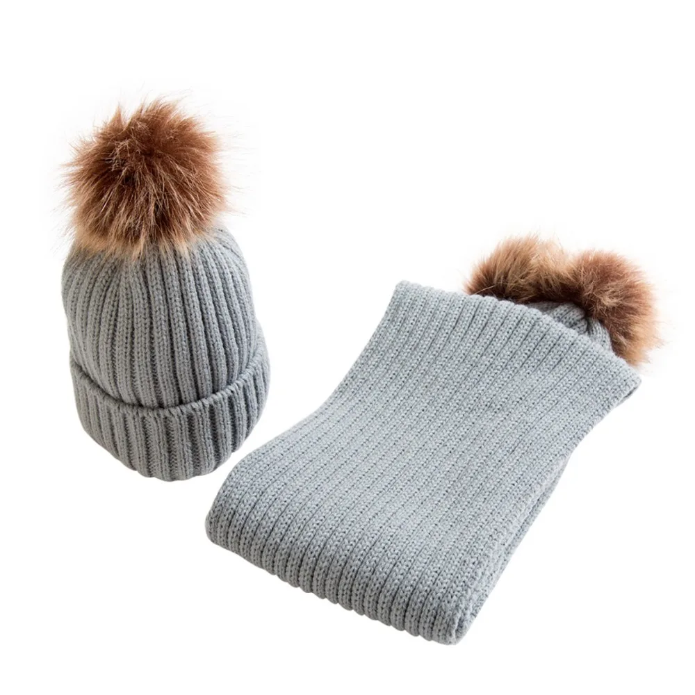 Puseky/Зимний теплый комплект из 2 предметов, милая мягкая вязаная шапка с меховым помпоном, детская шляпа, шапочка и шарф, шарфы-кольца, костюм