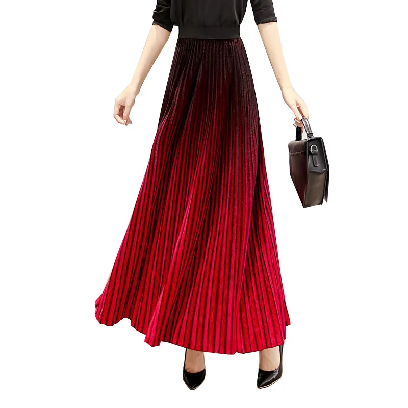 

2018 Autuwn Winter Women Gradient Color Velvet Elegant Maxi Skirt Female High Waist Warm Pleated Long Skirt Plus Size 5XL V31