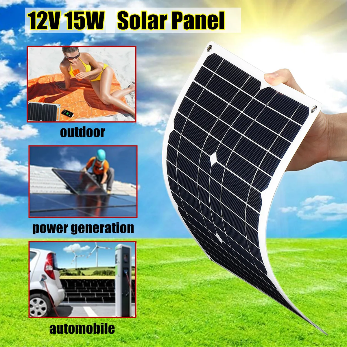 

Solar Panel Solar Battery 12V 15W Charger Solar Cells with Car Charger Cigarette Lighter Plug