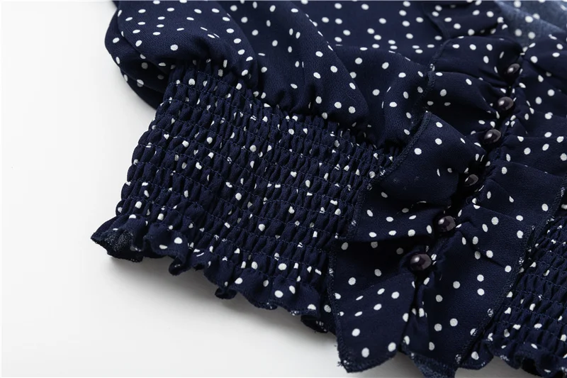 ShejoinSheenjoy Ruffles Chiffon Blouses Women Tops Polka Dot Print Autumn Ladies Shirts V Neck Lantern Sleeve Casual Shirt Top (5)