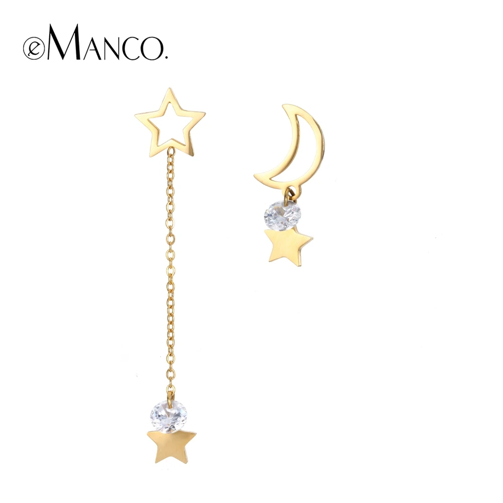

eManco Star Dangle Earrings Stainless Steel Drop Earrings for Women Long Chain Moon Pendant Zirconia Charm Earring Drop Shipping