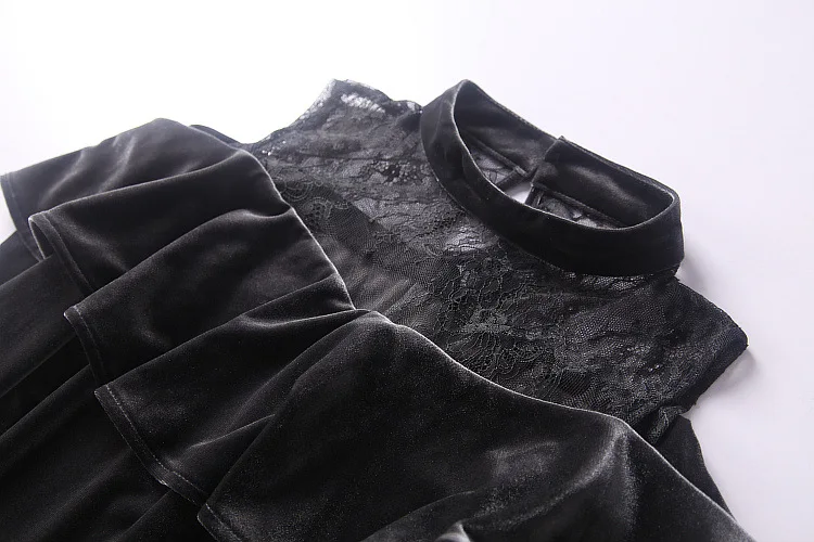 gray color Lace Patchwork Off-Shoulder Ruffle Velvet Blouse Croptop and A-line Short Pants Suit Women (9)