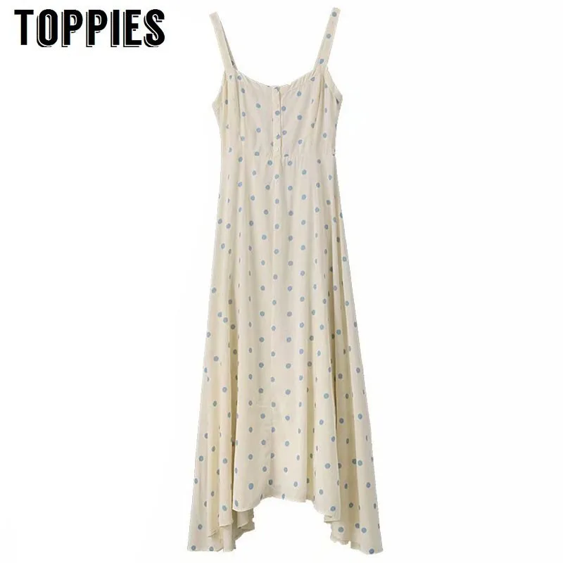 

2019 Polka Dot Printing Long Dress Women Summer Camisole Dress Irregular Hem Deep V Neck Casual Tulle Vestidos
