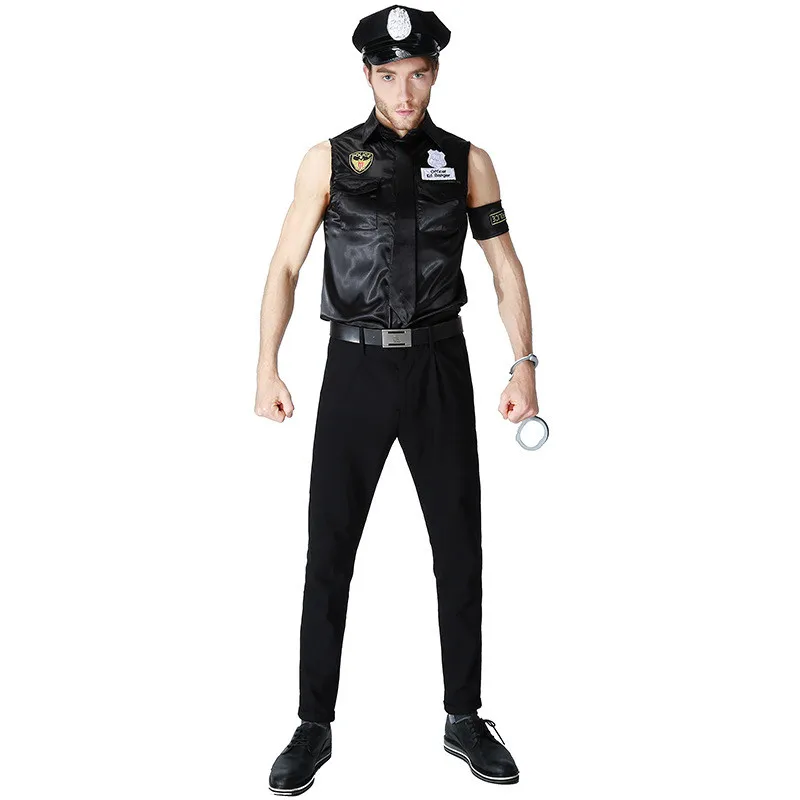 

Vocole Black Sexy Policemen Costume Sleeveless T-shirt Men Police Officer Cop Uniform