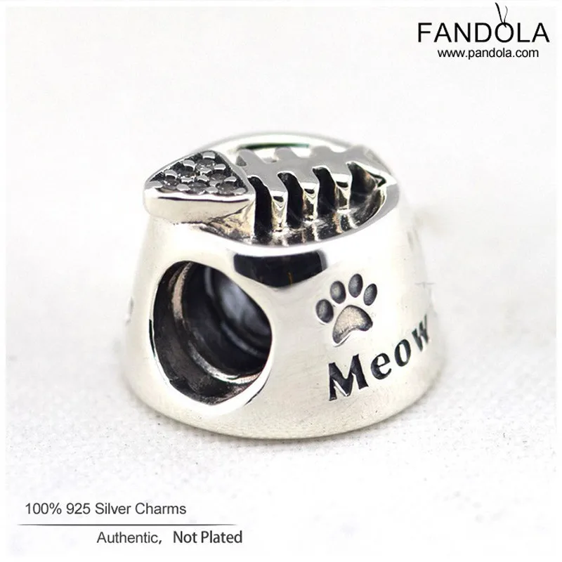 

100% 925 Sterling Silver Cat Bowl Meow Charm Beads for Jewelry Making Fits Pandora Charms Bracelets DIY Finding