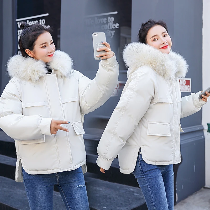 

Winter women jacket coat Thick warm big fur collar oxford fabric windproof short parkas coat Sintepon padded jackets outwear