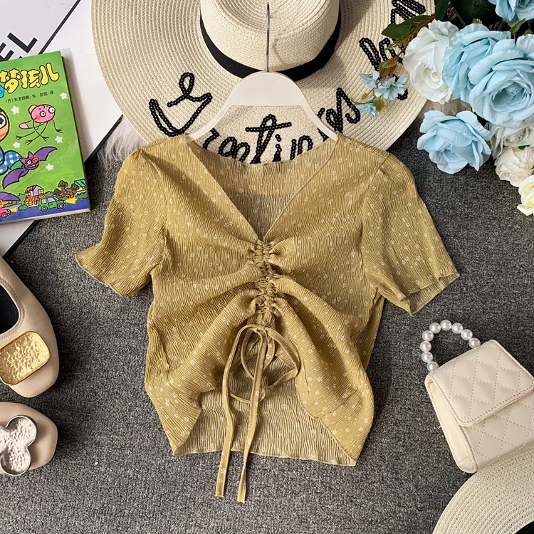 

2019 Summer New V-neck Short Crop Tops Women Short Sleeve Sexy Chiffon Blouse Blusas Mujer De Moda H071