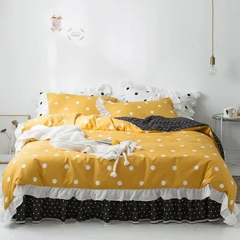 

Yellow black Princess Bedding Set King Queen twin Luxury 4pcs Ruffles Quilt Cover Set 100% Cotton Bedspread Bed Skirt Pillowcase