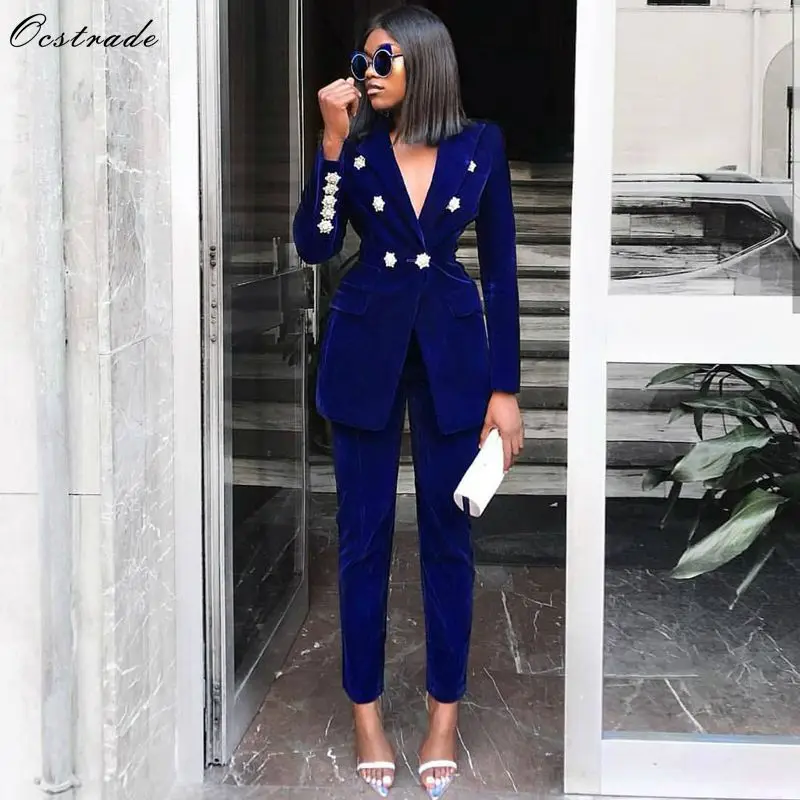 Goede Ocstrade Zomer Sets Voor Vrouwen 2020 Nieuwe Navy Blue V hals Lange Mouwen Sexy 2 Delige Set Outfits Hoge Kwaliteit tweedelige Set Pak