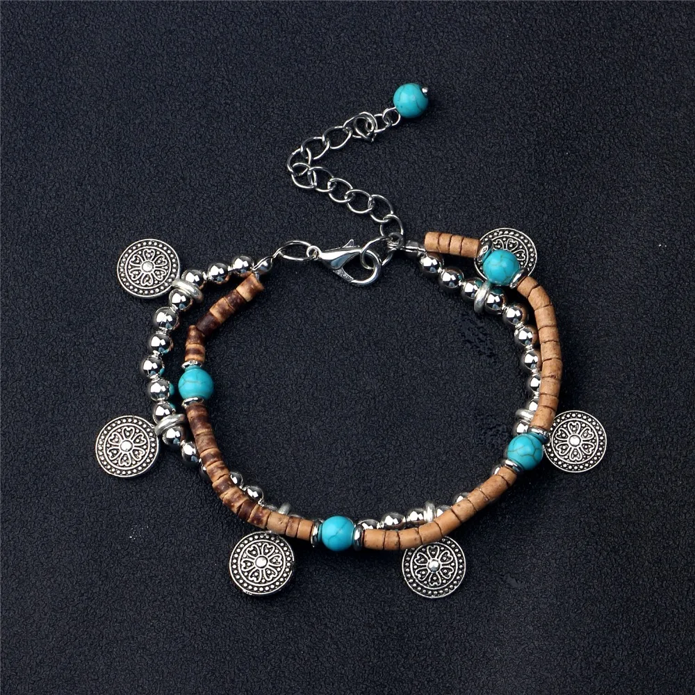 Gypsy Style Two Layers Alloy Beads Coin Charm Bracelets With Extension