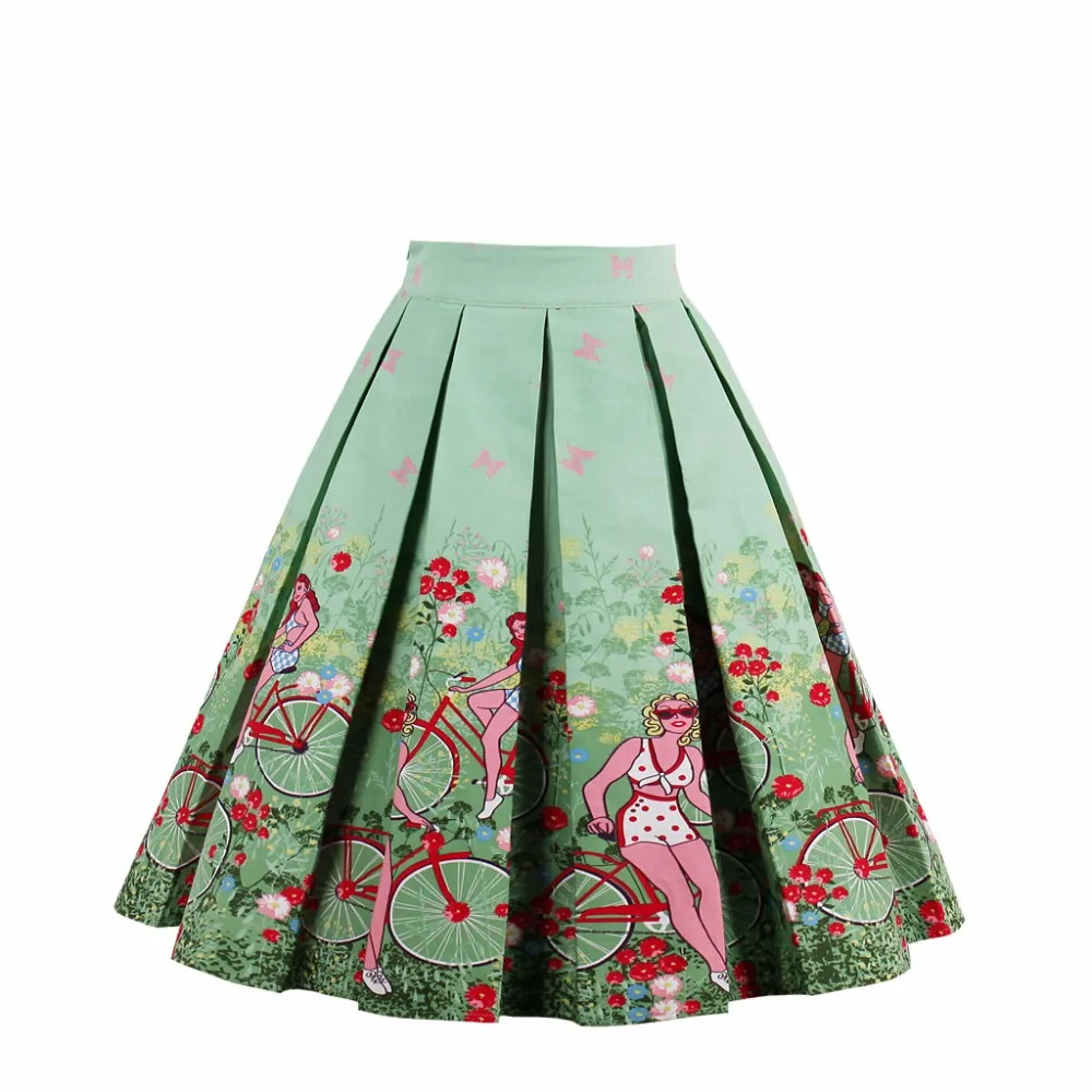 Summer Vintage Retro Skirts Women Satin Floral Pleated Audrey Hepburn Ball Gown A Line Tutu Midi
