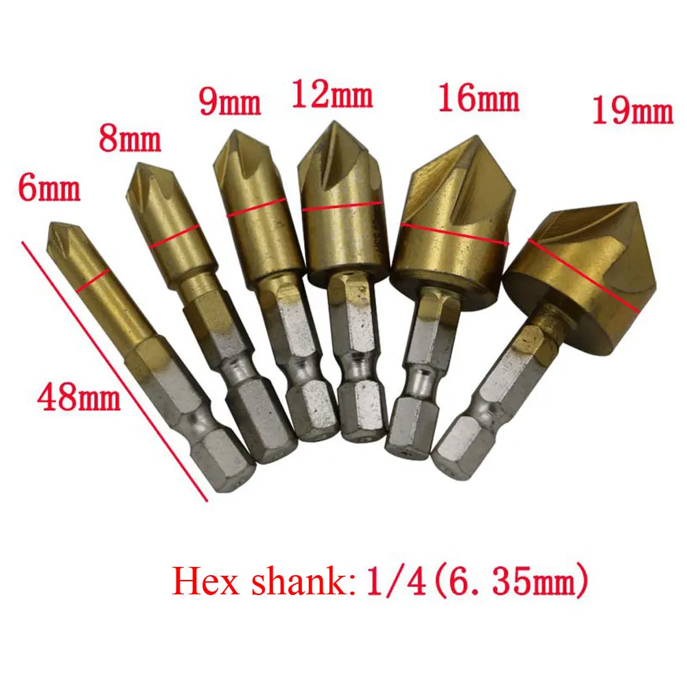 High Quality 6pcs HSS Single Hex Flute Chamfer Metric Titanium Countersink Drill Bit Set 6mm-19mm Golden