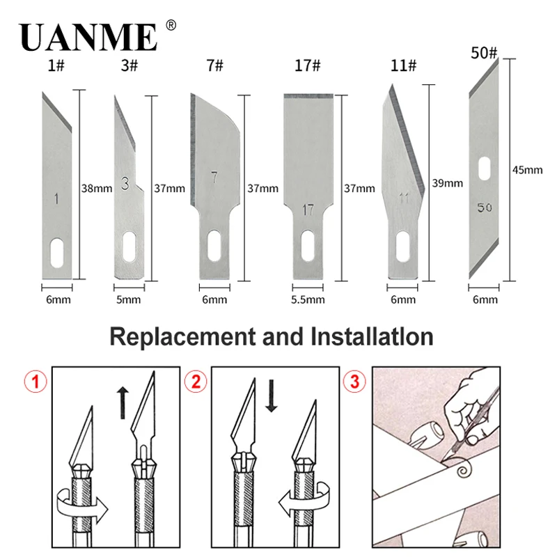 UANME 5 шт./компл. точность Сталь лезвие гравировальный Скульптура Ножи скальпель, режущий инструмент для ремонта печатных плат 1#3,#7,#11,#17-#50