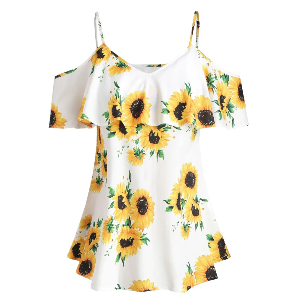 

Plus Size Women Blouse Sunflower Printed Camis Short Sleeve Ruffle Cold Shoulder Blouse womens top and blouses off shoulder top