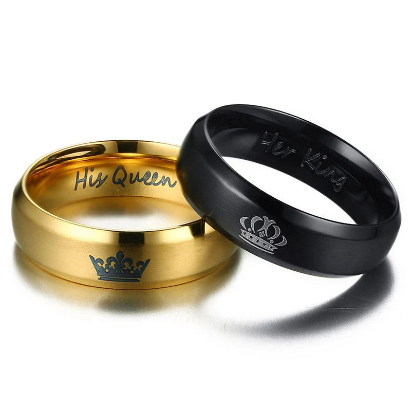 Lovers' Ring Black Gold Color Couple Ring Stainless Steel Wedding Alliance Crown Ring for Women and Men Promise Jewelry