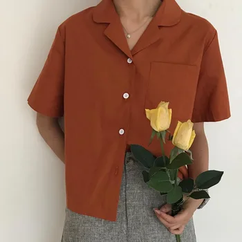 

Women Fashion Shirts Women Summer Casual Solid Loose Short Sleeve Blouse Tops Female Clothes Turn-down Collar Pockets Blouses 1X