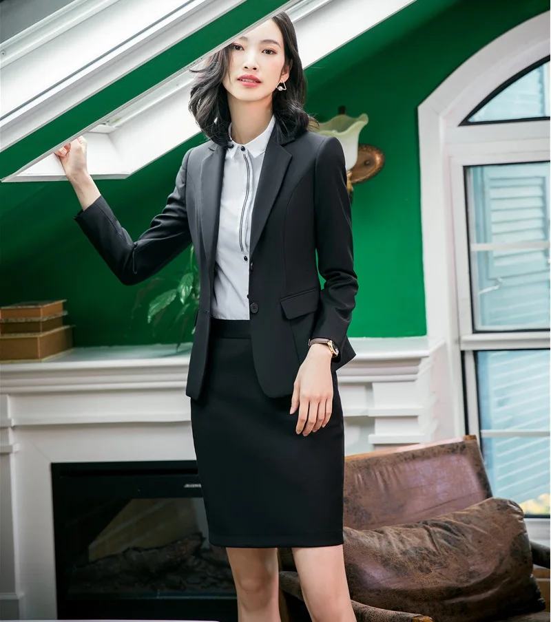 Formale Weibliche Rock Anzüge für Frauen Anzüge Schwarz Blazer und Jacke Sets Damen Arbeit Tragen Büro Uniform Styles