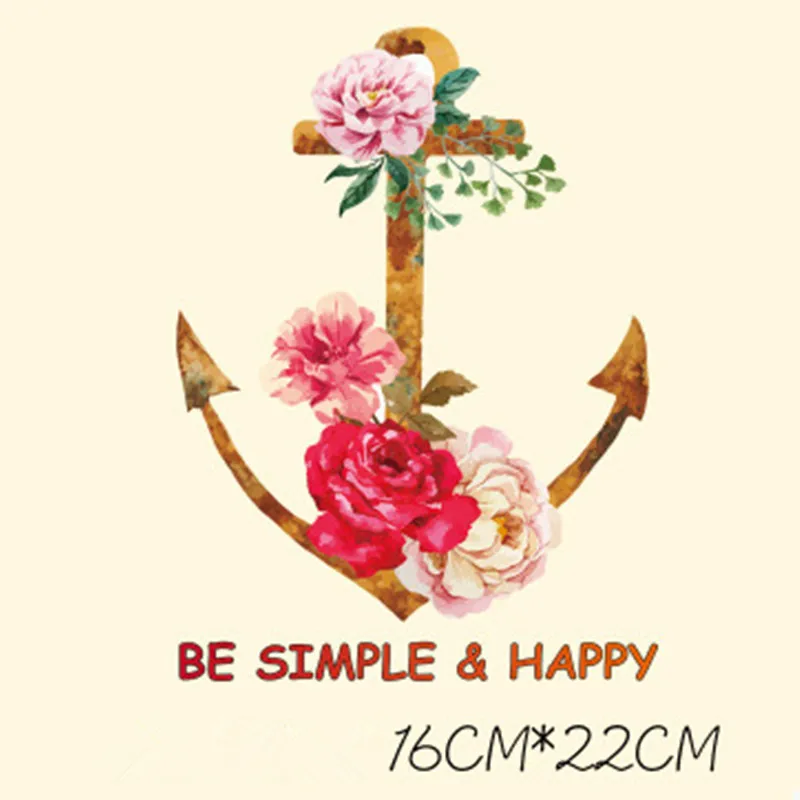 

Boat Anchor with Flower Be simple & Happy Sticker Heat Transfer Hot Press Ironing Pyrograph Paper iron On Washable T-shirt Patch