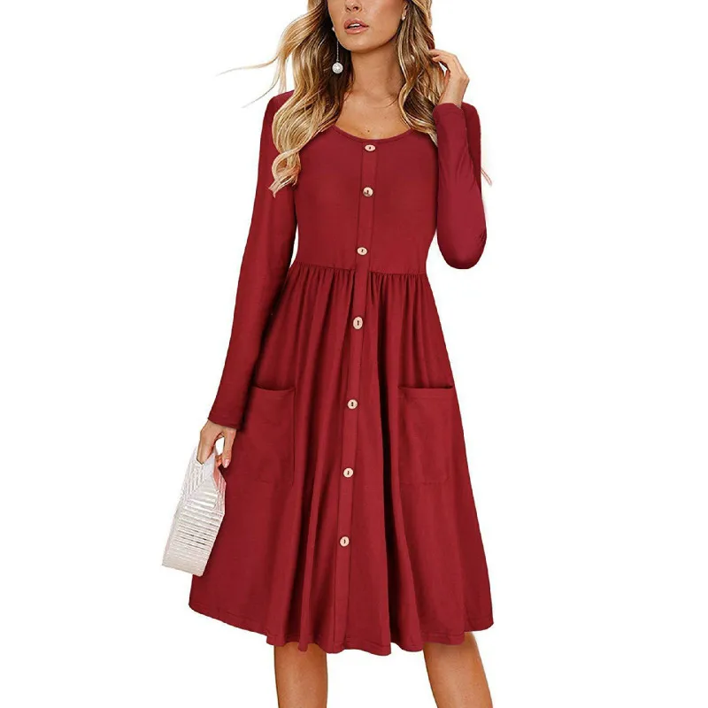 2018 New Autumn Winter Dress Women Long Sleeve Button Pocket Slim Elegant Dress Pure Color Party Dress Dresses