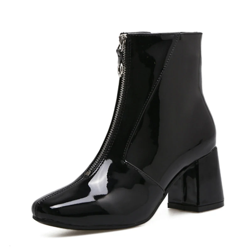 

Boots Women 2019 New Spring Chelsea Boots Dropshipp Low Heel Boots Zipper Women Round Toe Square heel Patent Leather Shoes