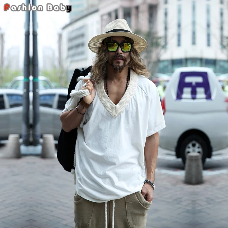 Mens Deep V-neck Weave Batwing Sleeve Loose T-shirts Brand Punk Fashion Soft Cotton Summer Top Tees Black White 2018 New | Мужская