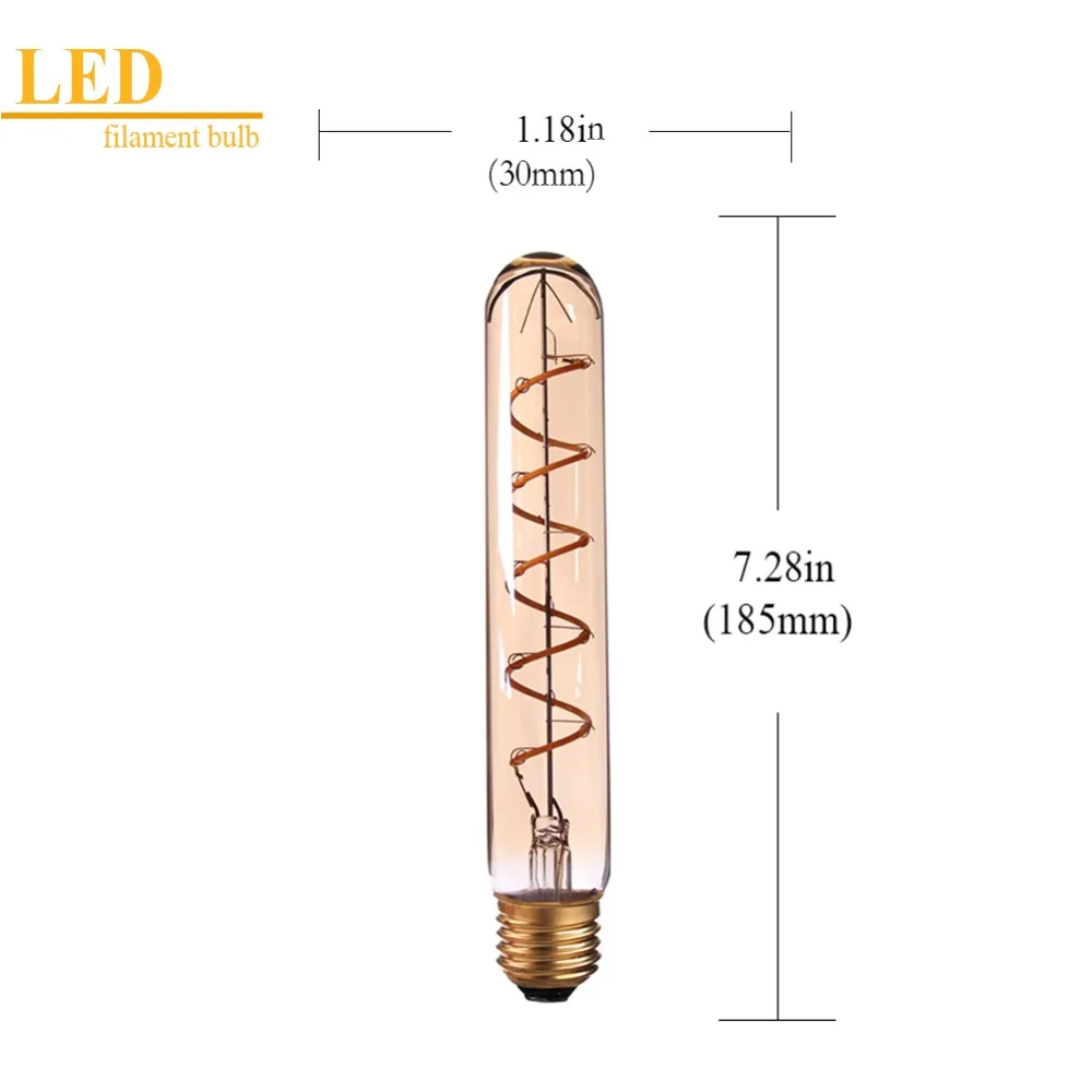 Grensk спиральные гибкие линейные светодиодный лампы накаливания T30 185 мм трубчатые 3 Вт Янтарное стекло 2200K E27 Диммируемый светодиодный декоративный светильник