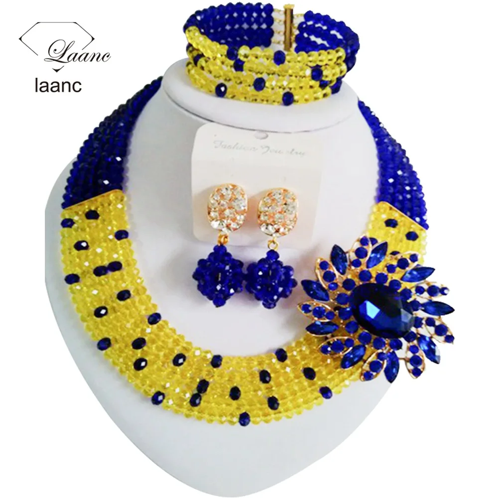 Beautiful Royal Blue Yellow crystal necklaces costume jewelry nigerian wedding african beads jewelry set for women ABF279