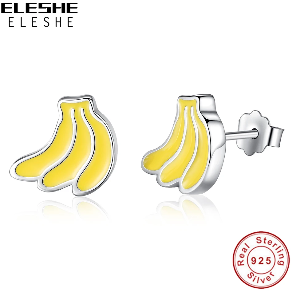 

ELESHE Cute Banana Yellow Enamel Earrings 925 Sterling Silver Stud Earrings For Women Girls Children Kids Jewelry Gift