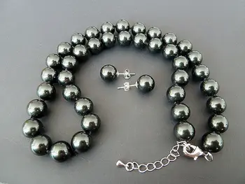 

zxia 8mm black shell pearl earring and 17'' necklace set
