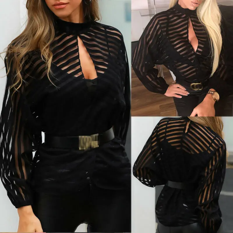 

2019 Newest Fashion Women Gauze Mesh Net Sheer Long Sleeve Ladies Shirt Black Front Hollow
