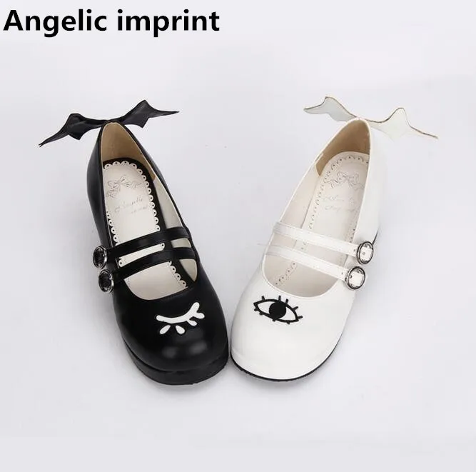

Angelic imprint woman mori girl lolita cosplay shoes lady mid heels pumps women princess dress party shoes angel wings eye 4.5cm