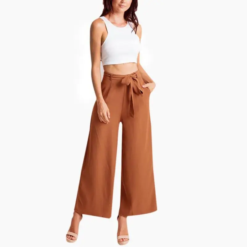 

Fashion Women Casual Wide Leg Pants Loose Mid Ankle-Length Jeans Sashes Women Slacks Trousers Y3