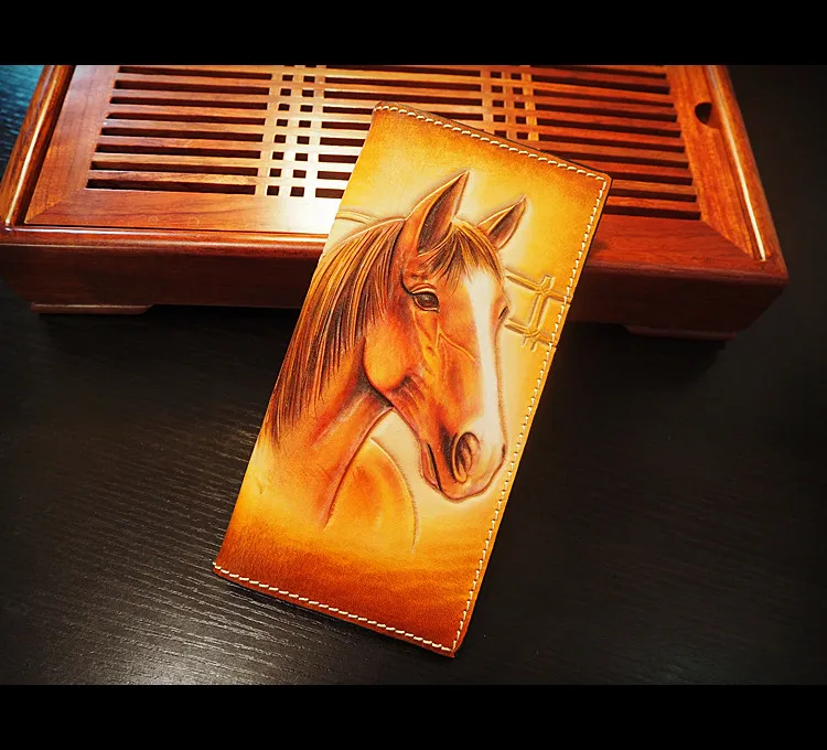 Handmad Vintage Cow Leather Wallets Embossing Curling Grass Pattern Bag Purses Women Men Long Clutch Wallet Card Holder