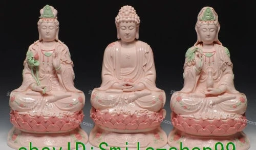 

14"Dehua Colored Porcelain Western 3 Gods Kwan-yin Shakyamuni Buddha Set Statue