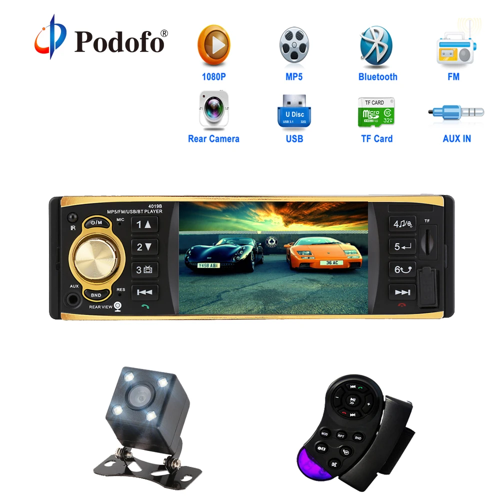 Podofo 4,1 pulgadas 1 Din Radio de coche Audio estéreo AUX FM estación de Radio Bluetooth Autoradio con cámara de visión trasera remota control