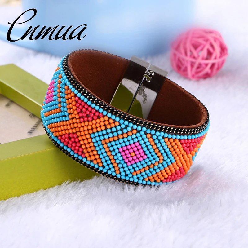 

Retro National Style Bead Bangle Brazilian Multicolor Geometry Bracelets & Bangles Wide Magnetic Buckle Bohemian Women Bracelets