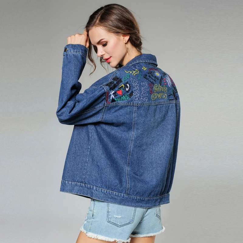 Free Shipping Casual Embroidery Denim Coats Autumn Women Jacket Long