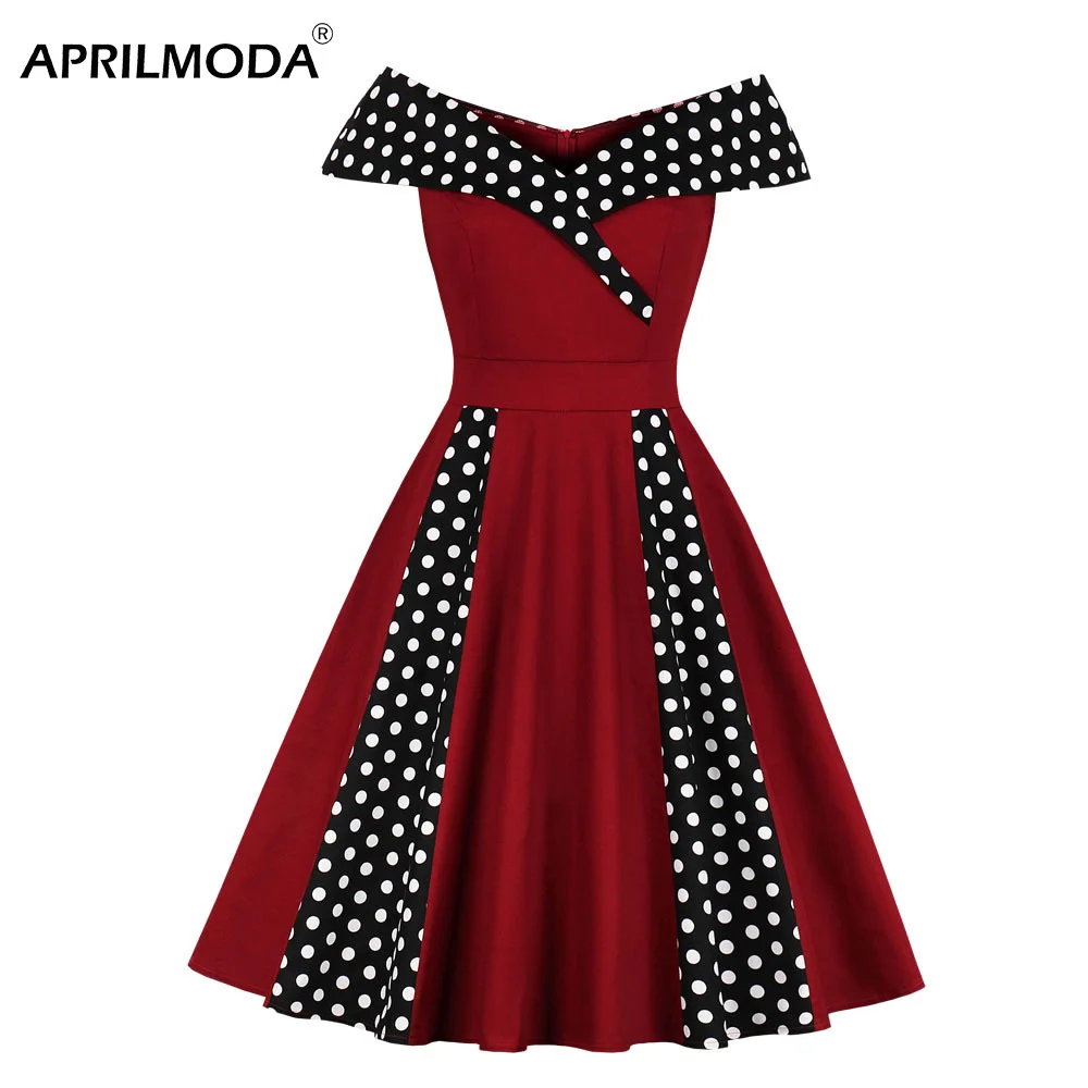 

Women's 50S Retro Hepburn Style Party Dress Rockabilly Swing Clothing Off Shoulder Slash Neck Summer 40s 50s 60s Vintage Dresses