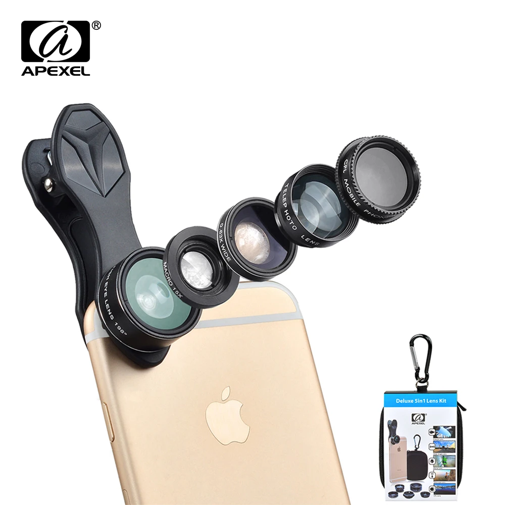 Apexel phone lens kit 198 Fish eye Fisheye lens+0.63X Wide