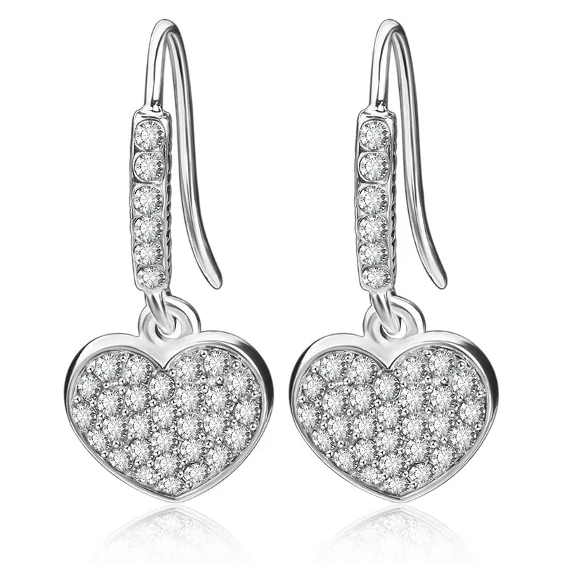 

Full Shiny Crystal Cute Heart Piercing Hook Silver Dangle Earrings Women Drop Earrings